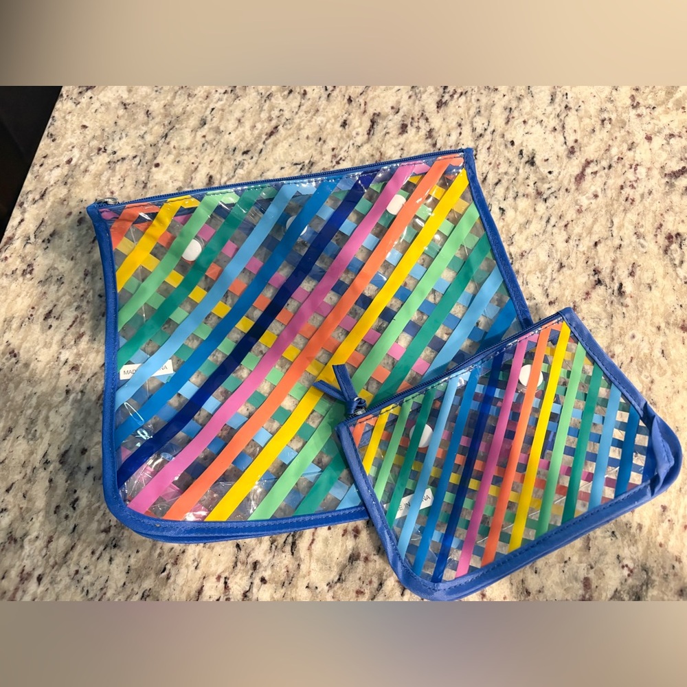 BOGG BAG Clear Pouch Set with Multicolor Stripes and Blue Trim